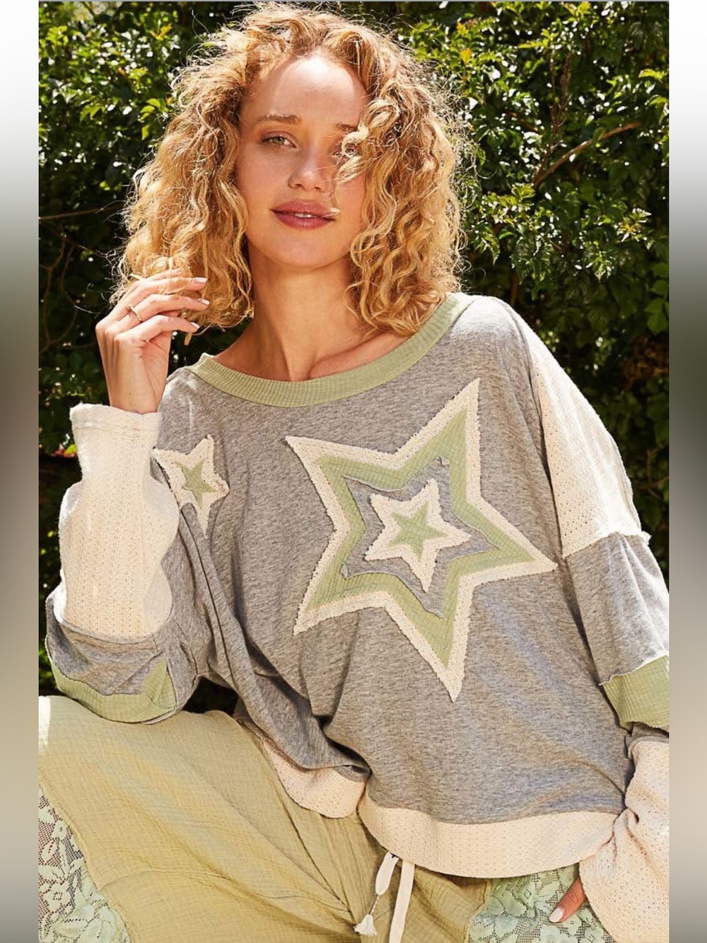 New: POL Patchwork Stars Mixed Textures Long Sleeve Top• Small